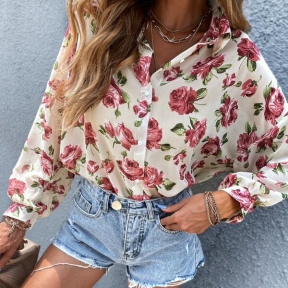 Cottagecore Floral Print Button up Oversized Top